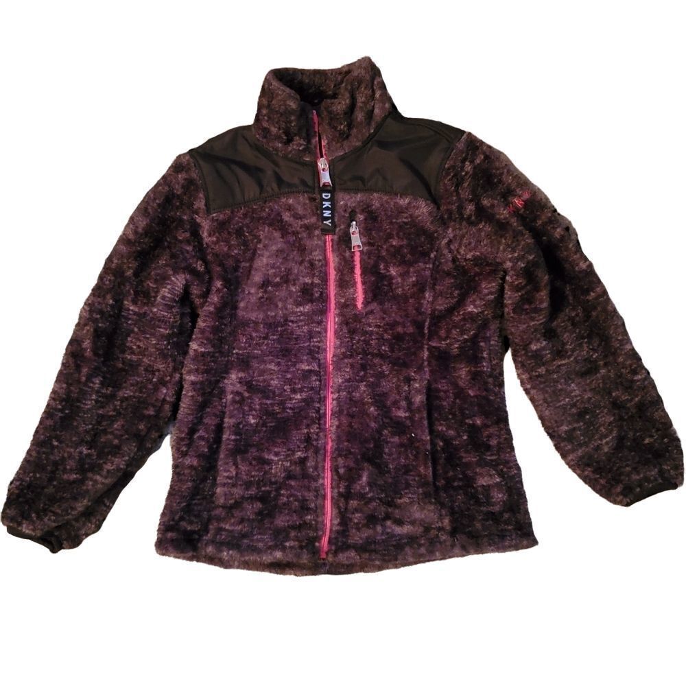 DKNY Girls Size Small Gray and Pink Fuzzy Zip Up Jacket